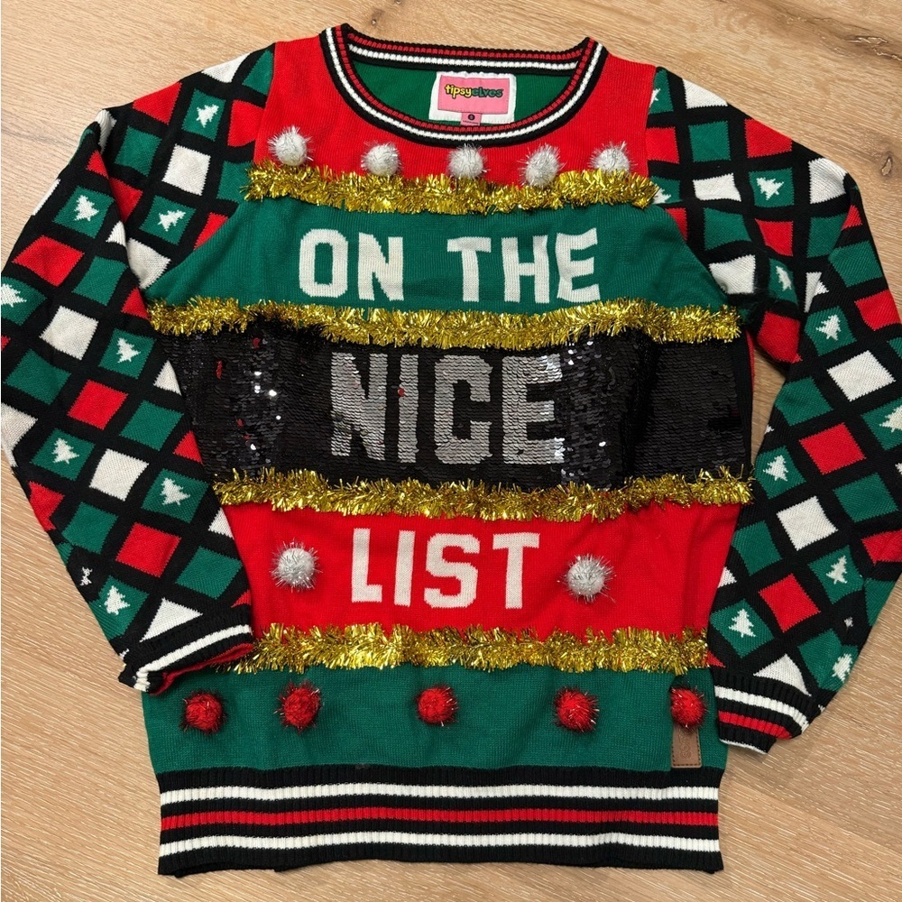 Tipsy Elves On The Nice/Naughty (Reversible) List Ugly Christmas Sweater- Size S